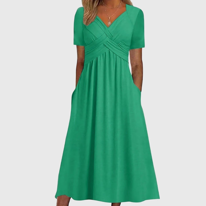 Women's V-Neck Cross-Ruched A-Line Midi Dress Pockets - Green