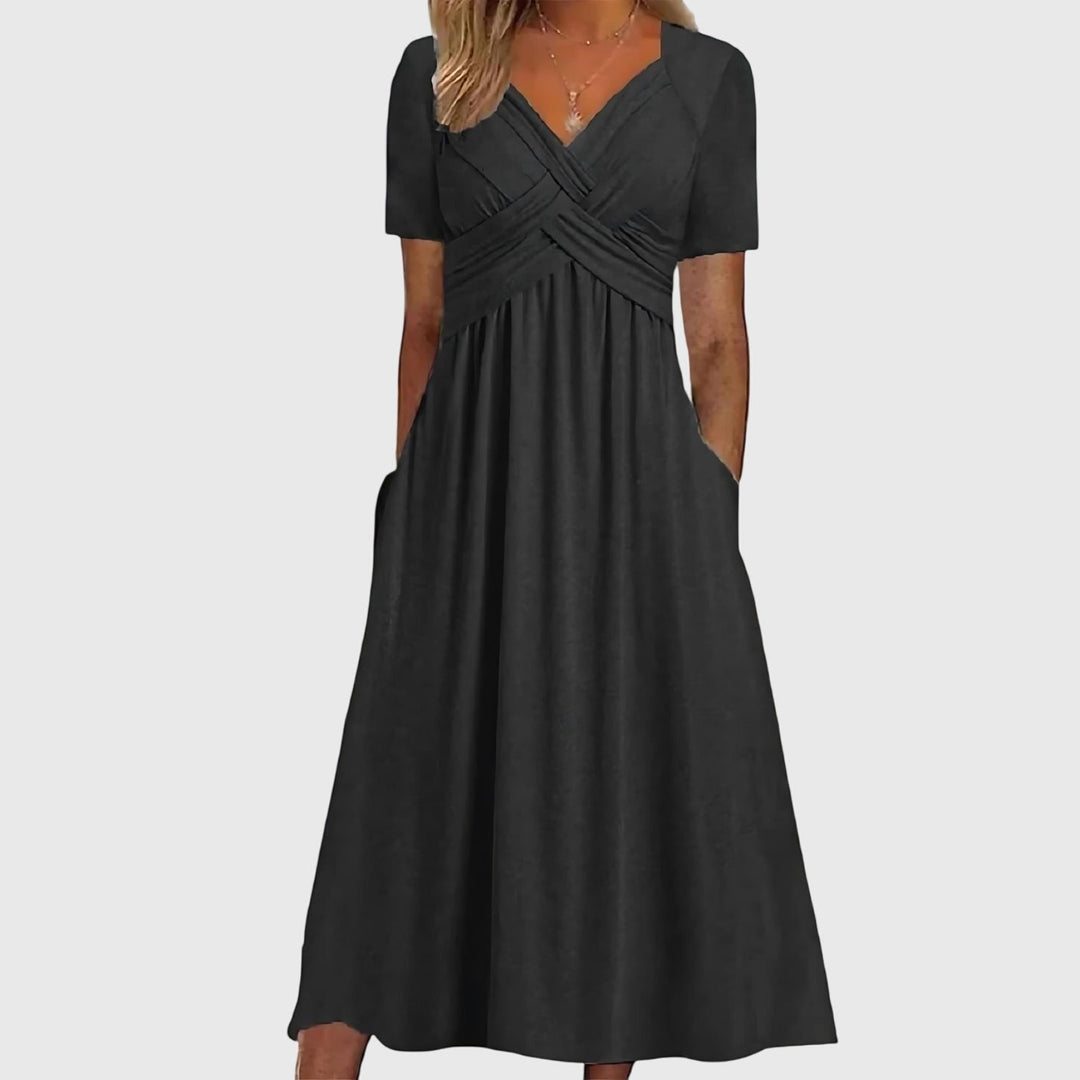 Women's V-Neck Cross-Ruched A-Line Midi Dress Pockets - Black