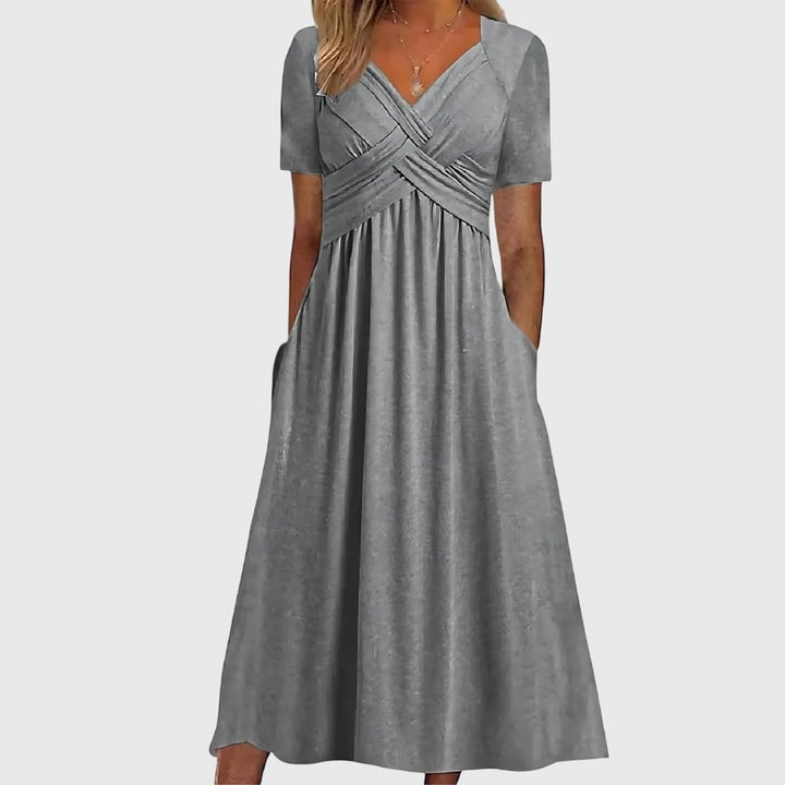 Women's V-Neck Cross-Ruched A-Line Midi Dress Pockets - Gray