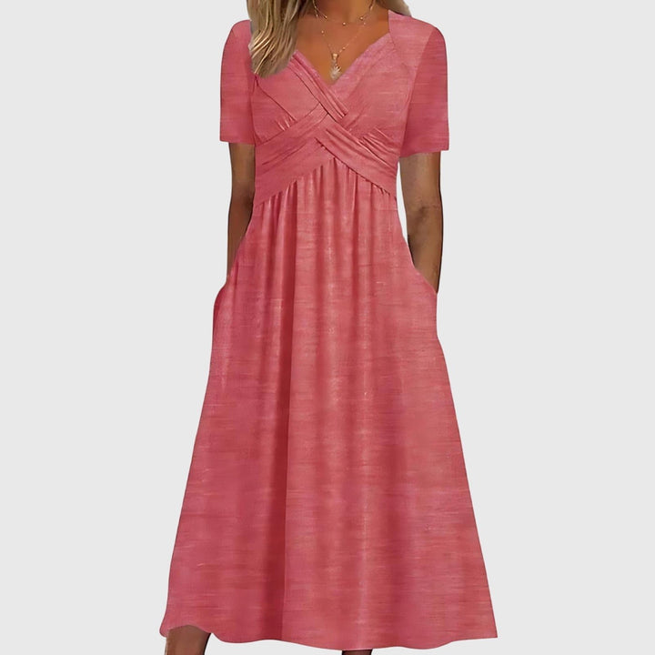 Women's V-Neck Cross-Ruched A-Line Midi Dress Pockets - Pink