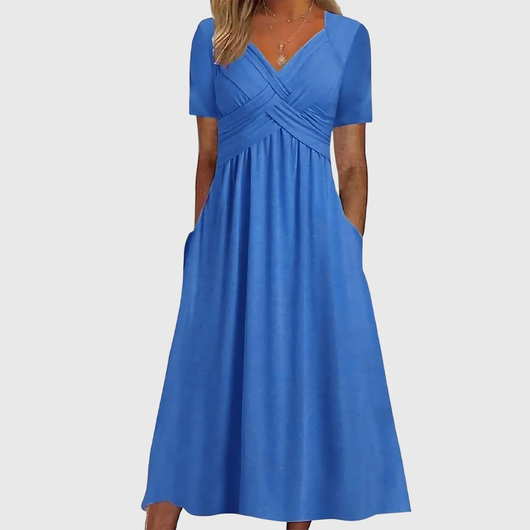 Women's V-Neck Cross-Ruched A-Line Midi Dress Pockets - Blue
