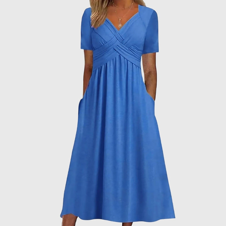 Women's V-Neck Cross-Ruched A-Line Midi Dress Pockets - Blue