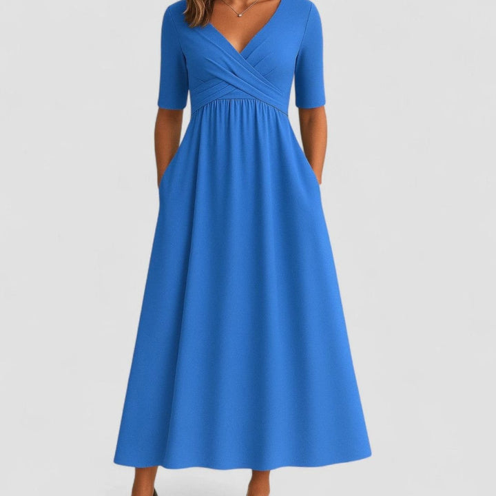 Women's V-Neck Crossover Empire-Waist Midi Dress Pockets - Azure Blue
