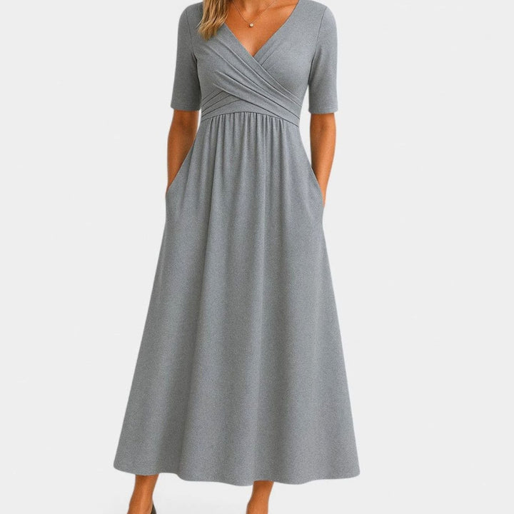 Women's V-Neck Crossover Midi Summer Dress A-Line Flowy Skirt - Gray