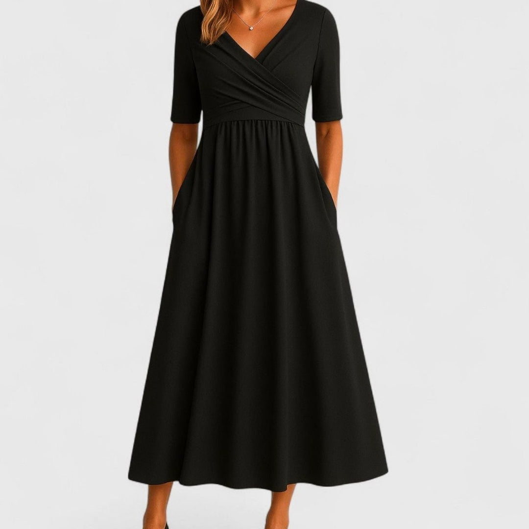 Women's V-Neck Crossover Midi Summer Dress A-Line Flowy Skirt - Black
