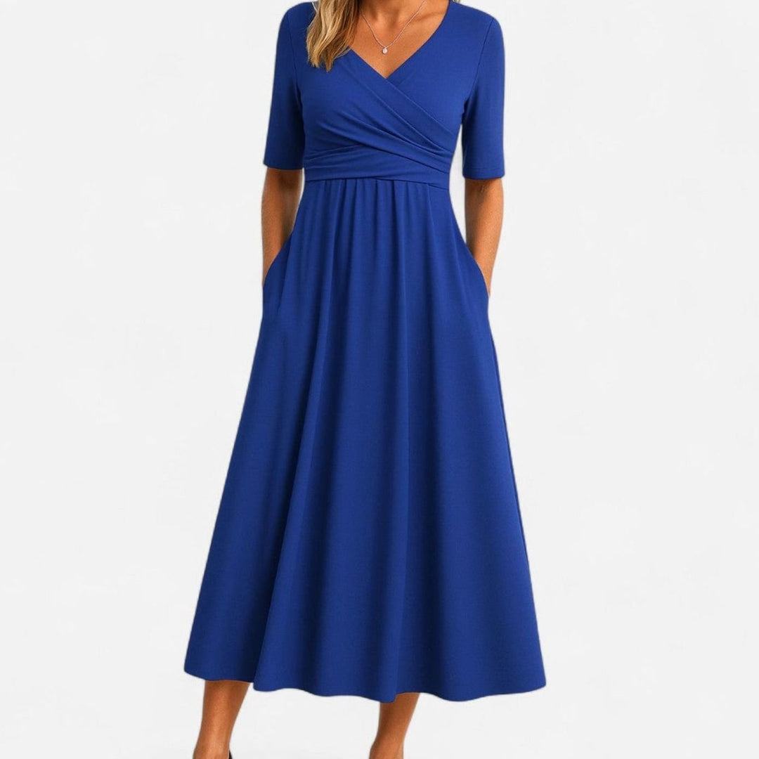 Women's V-Neck Crossover Midi Summer Dress A-Line Flowy Skirt - Blue