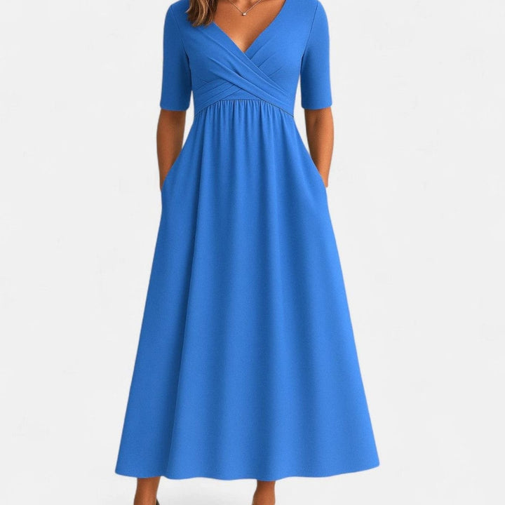 Women's V-Neck Crossover Midi Summer Dress A-Line Flowy Skirt - Azure Blue