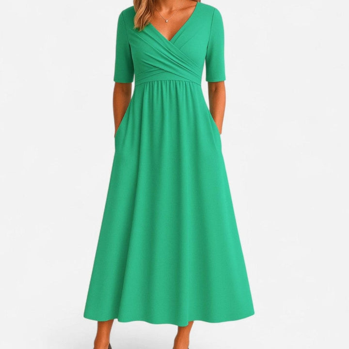 Women's V-Neck Crossover Midi Summer Dress A-Line Flowy Skirt - Green