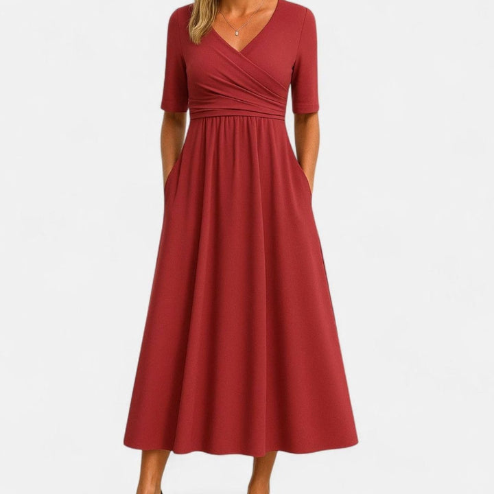 Women's V-Neck Crossover Midi Summer Dress A-Line Flowy Skirt - Red