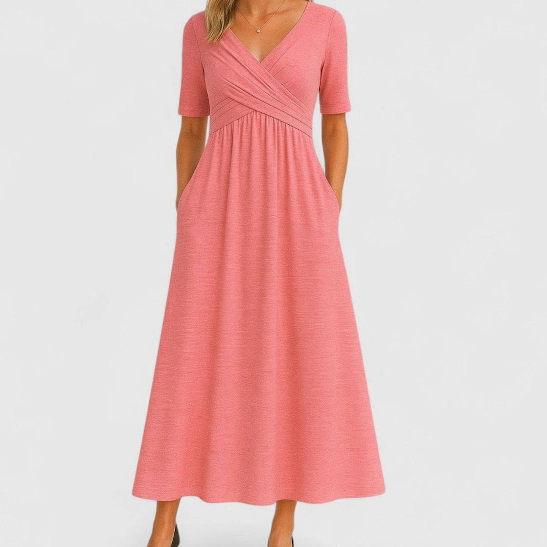 Women's V-Neck Crossover Midi Summer Dress A-Line Flowy Skirt - Pink