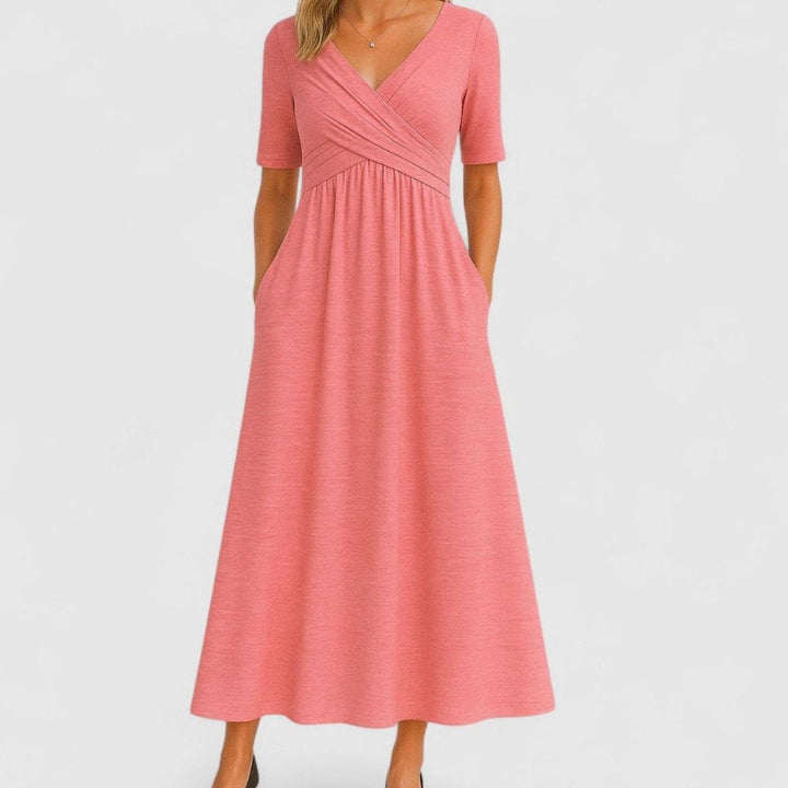 Women's V-Neck Crossover Midi Summer Dress A-Line Flowy Skirt - Pink