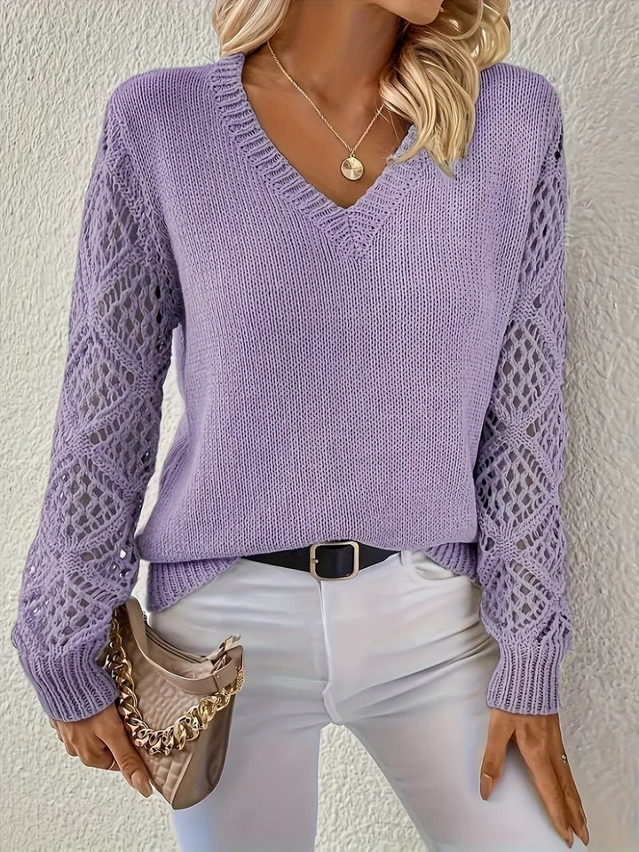 Women's V-Neck Hollow Sleeve Pullover Knit Sweater - Purple