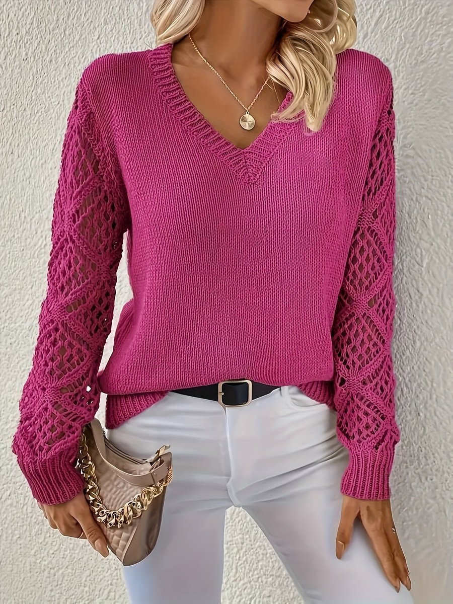 Women's V-Neck Hollow Sleeve Pullover Knit Sweater