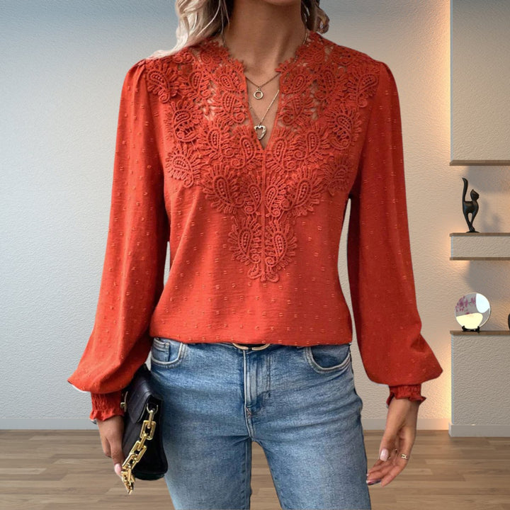 Women's V-Neck Lace Bodice Long Sleeve Blouse - Terracotta