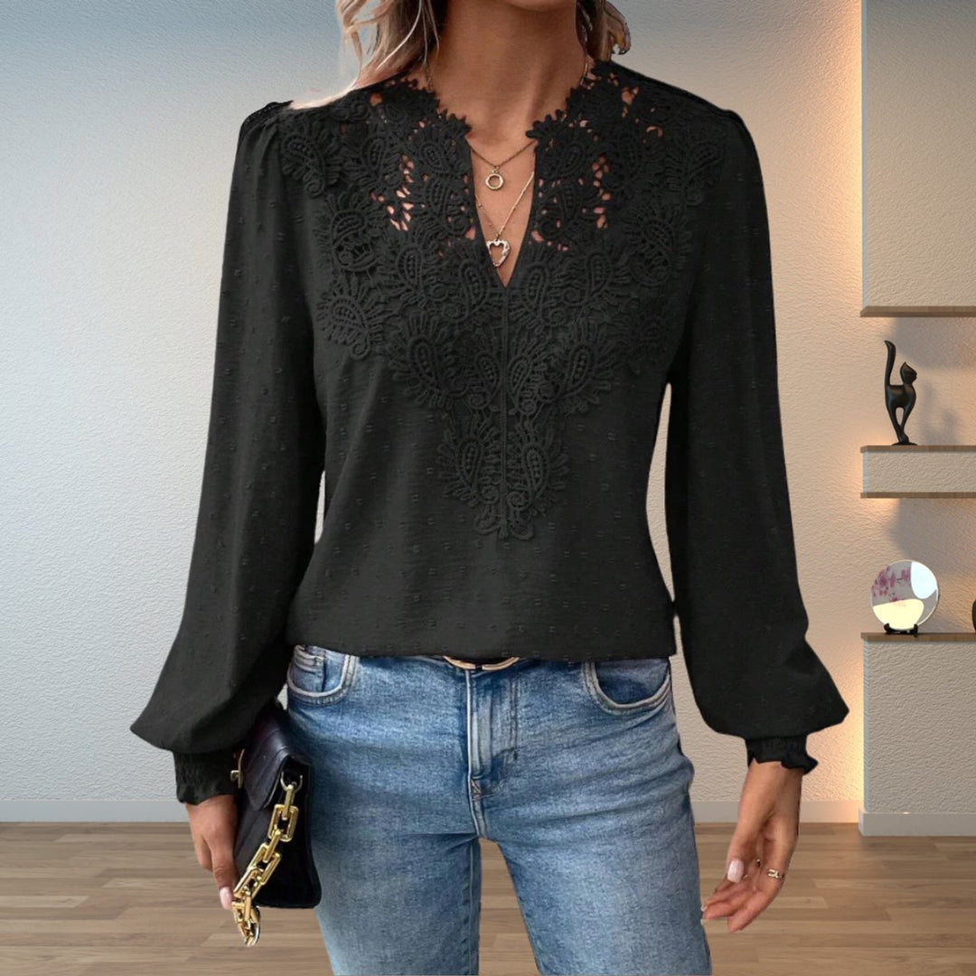 Women's V-Neck Lace Bodice Long Sleeve Blouse - Black