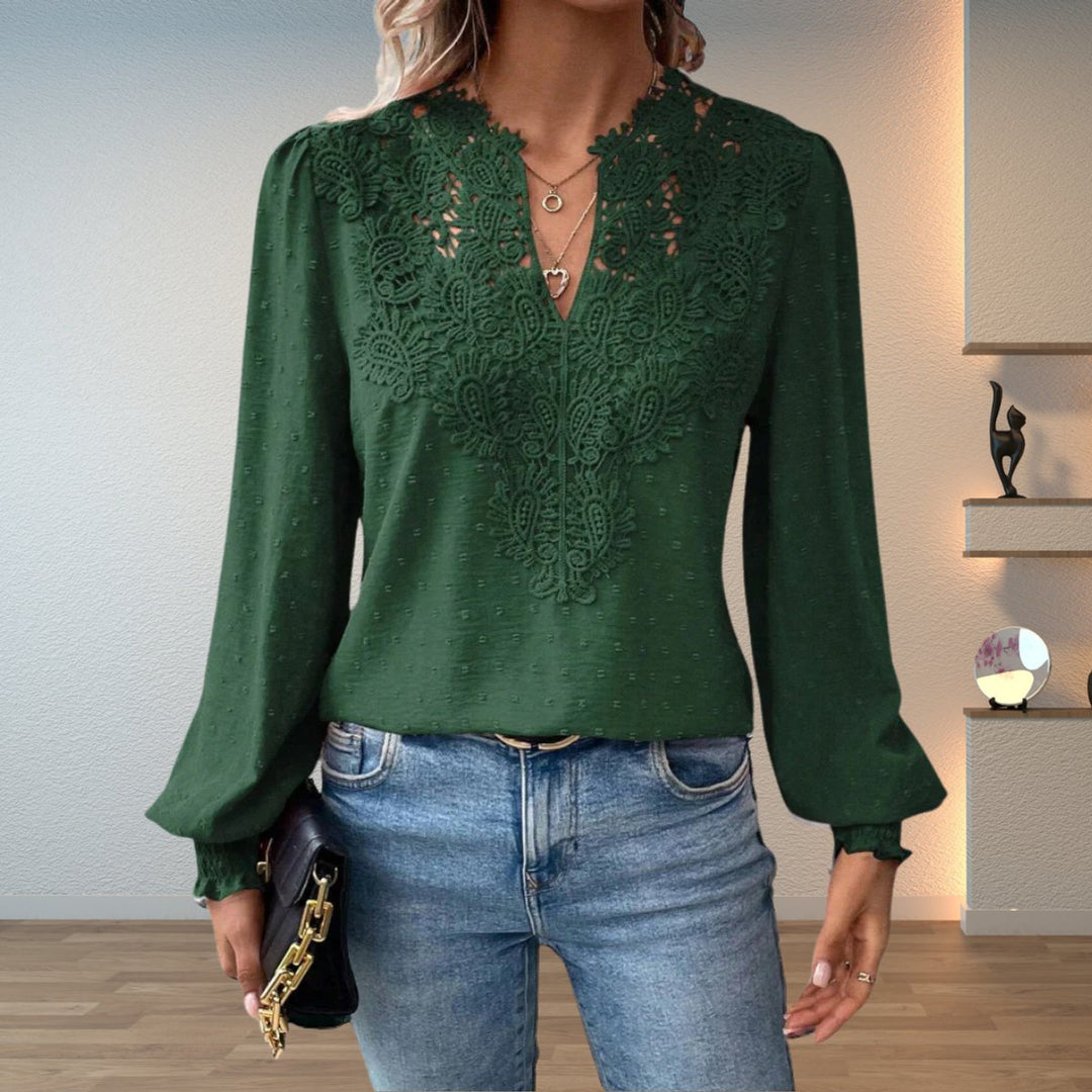 Women's V-Neck Lace Bodice Long Sleeve Blouse - Dark Green