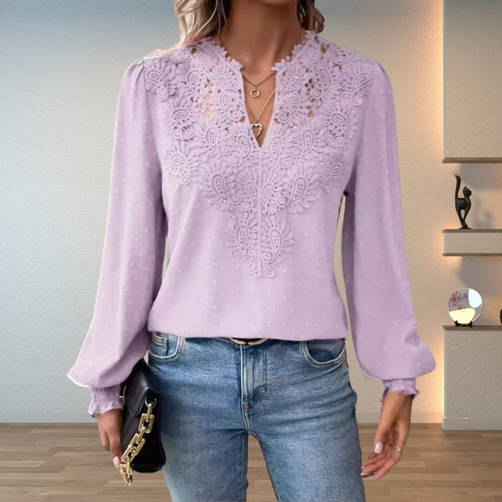 Women's V-Neck Lace Bodice Long Sleeve Blouse - Light Purple