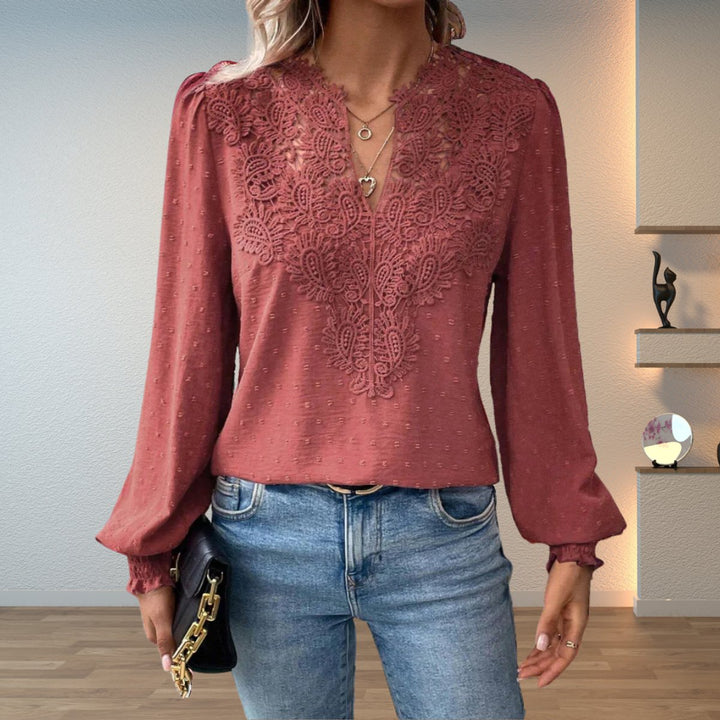 Women's V-Neck Lace Bodice Long Sleeve Blouse - Dusty Pink