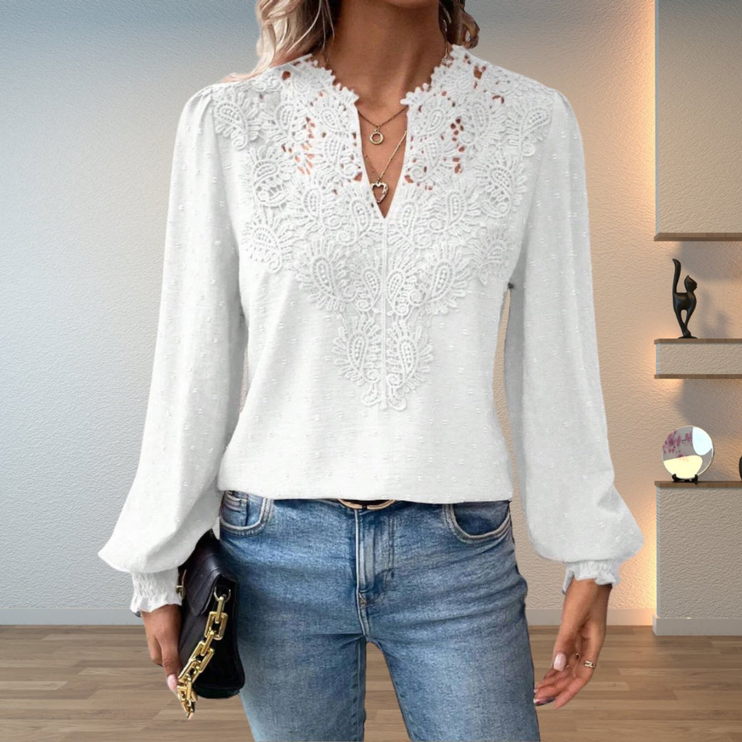 Women's V-Neck Lace Bodice Long Sleeve Blouse - White