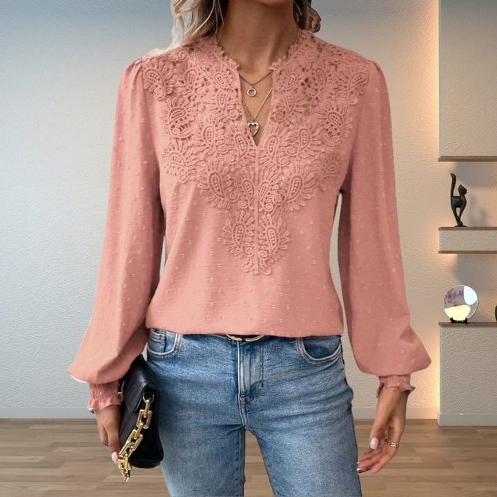 Women's V-Neck Lace Bodice Long Sleeve Blouse - Pink
