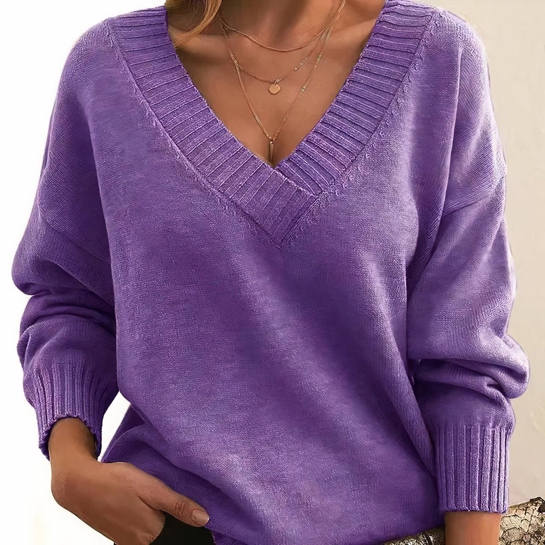 Women's V-Neck Long Sleeve Cashmere Blend Knit Sweater - Purple