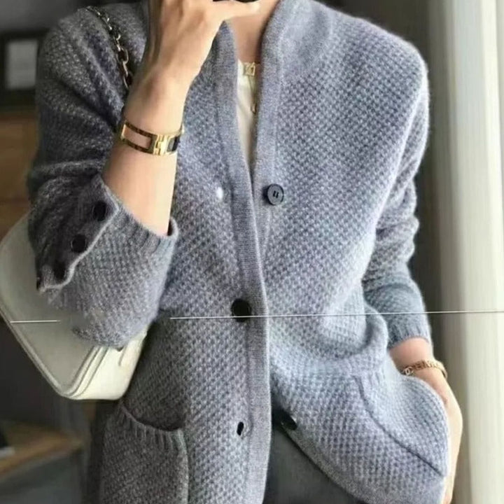 Women's V-Neck Open-Pocket Knit Button Cardigan Sweater - Grey