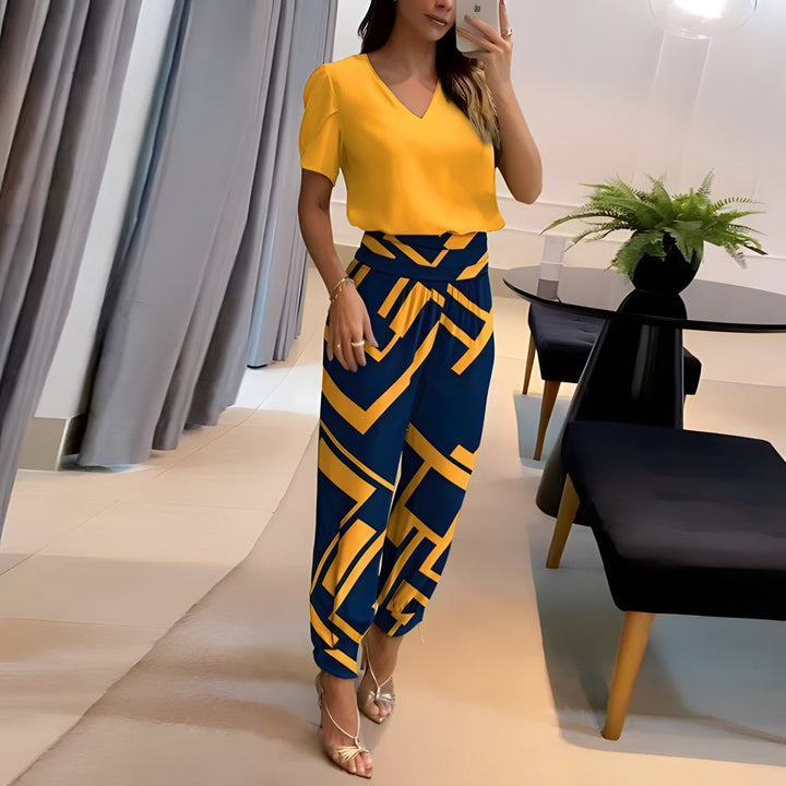 Women's V-Neck Short-Sleeve Top Geometric-Print High-Waist Pants Set - Yellow