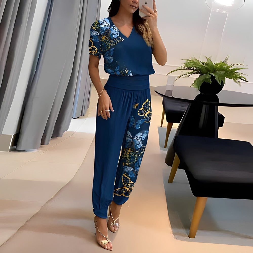 Women's V-Neck Short-Sleeve Top Geometric-Print High-Waist Pants Set - Blue