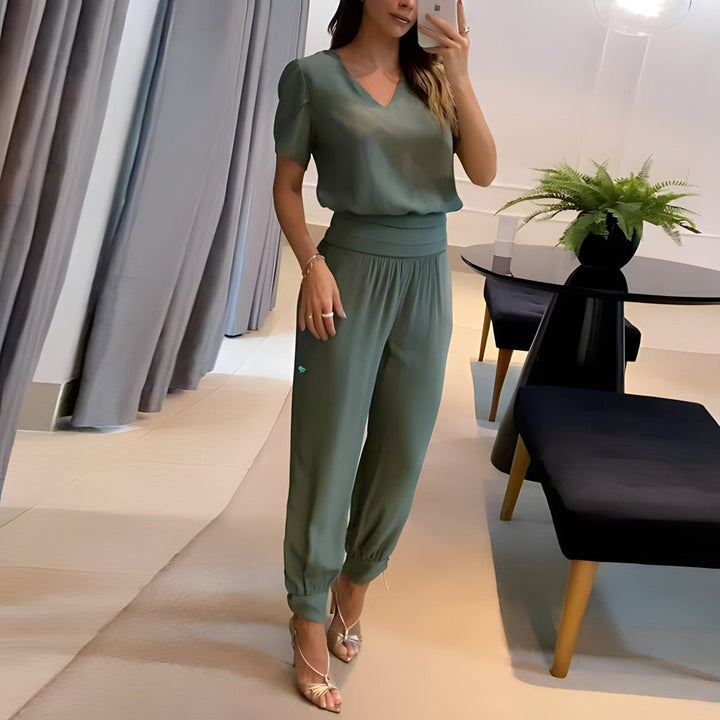 Women's V-Neck Short-Sleeve Top Geometric-Print High-Waist Pants Set - Olive Green
