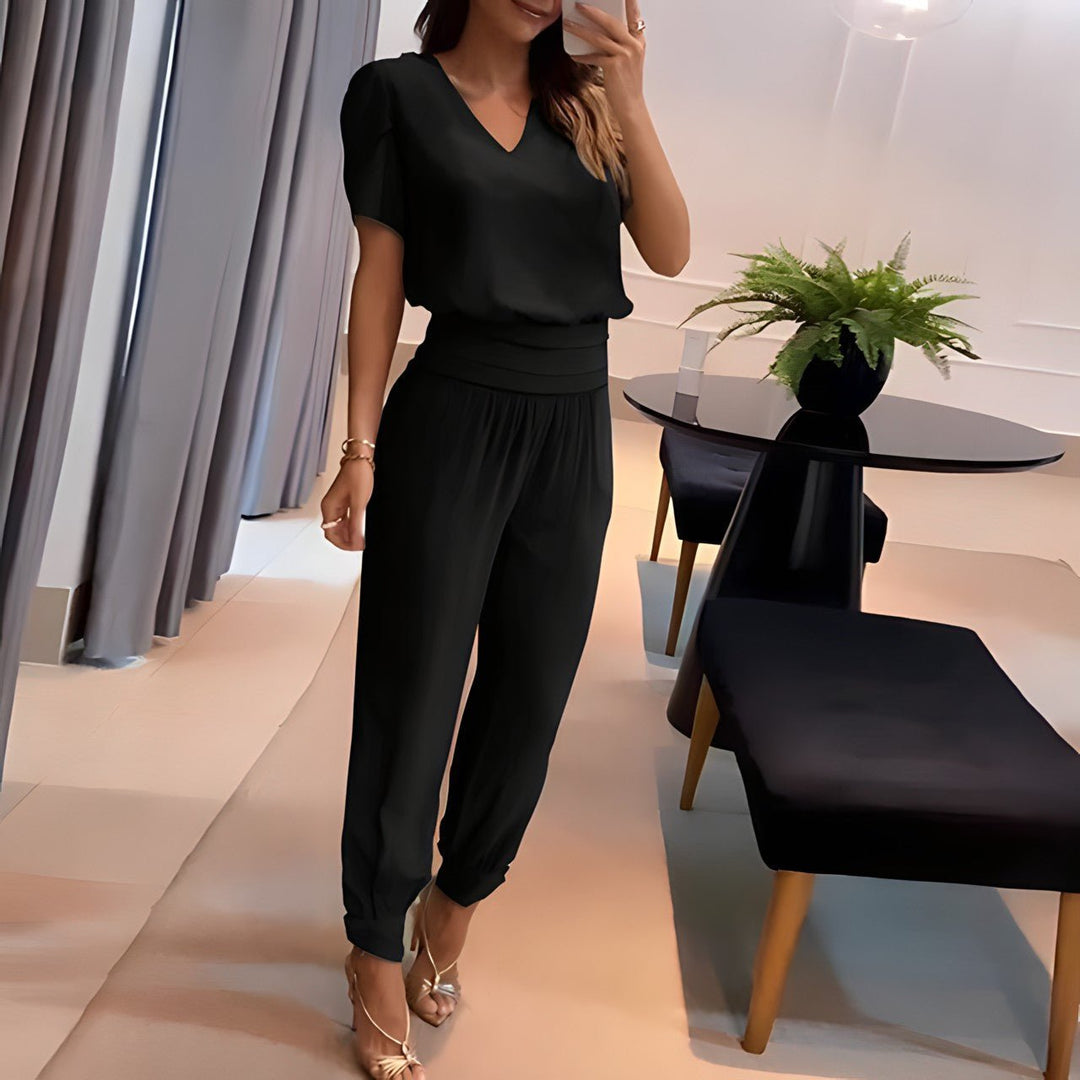 Women's V-Neck Short-Sleeve Top Geometric-Print High-Waist Pants Set - Black