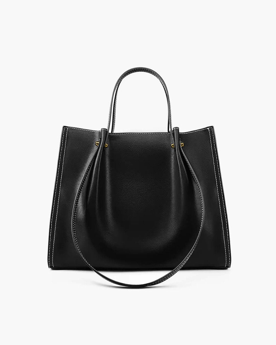 Women's Vegan Leather Contrast-Stitch Spacious Tote Bag - Black