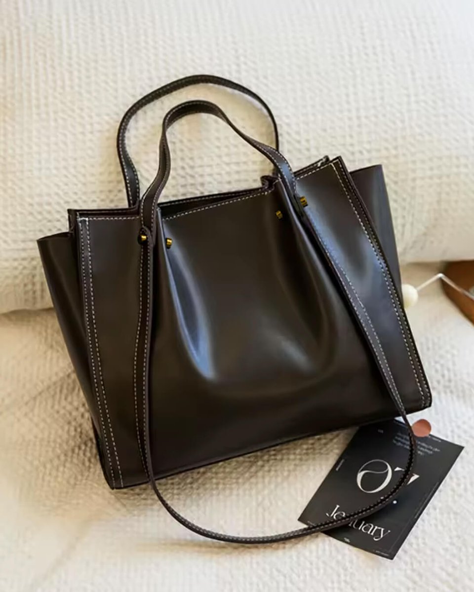 Women's Vegan Leather Contrast-Stitch Spacious Tote Bag