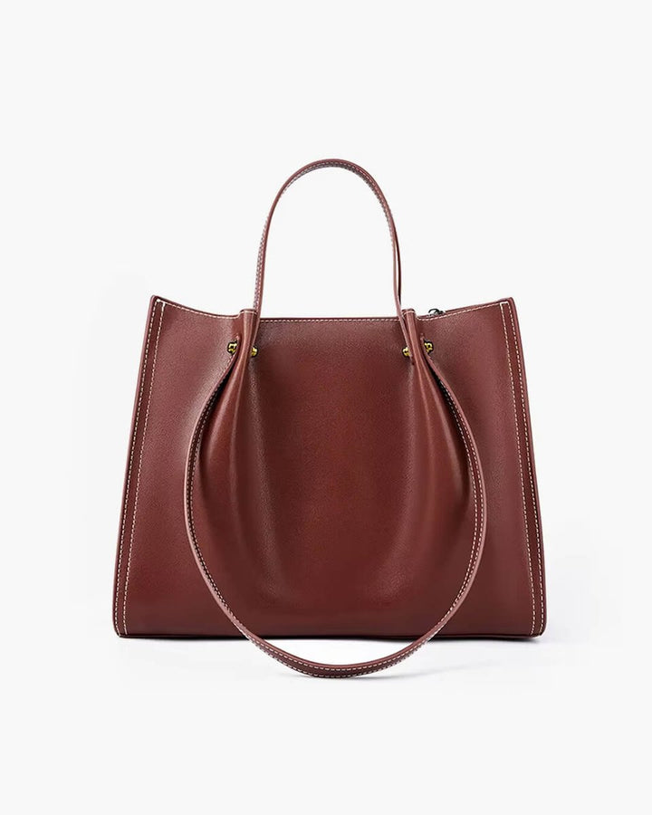 Women's Vegan Leather Contrast-Stitch Spacious Tote Bag - Brown