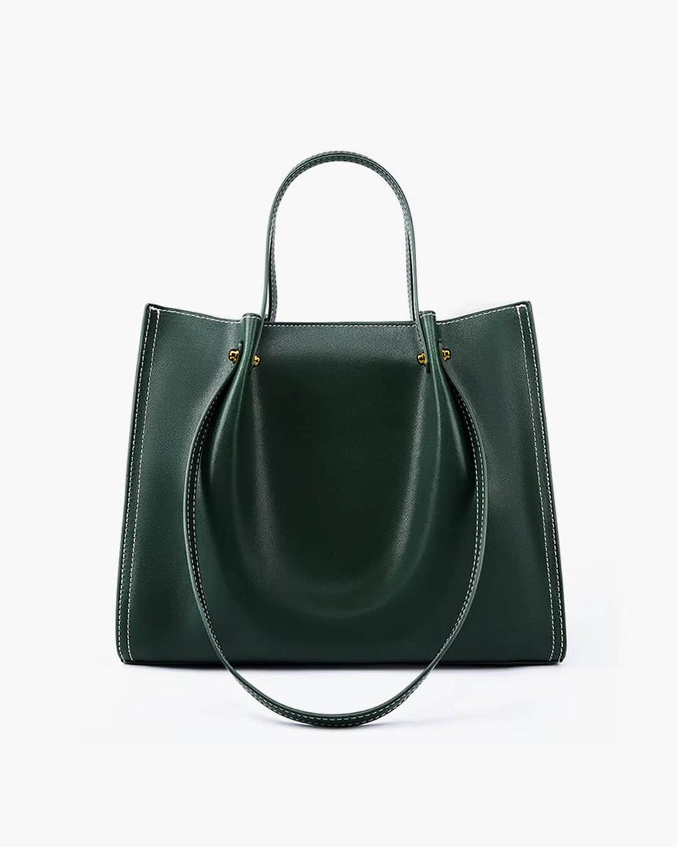 Women's Vegan Leather Contrast-Stitch Spacious Tote Bag - Green