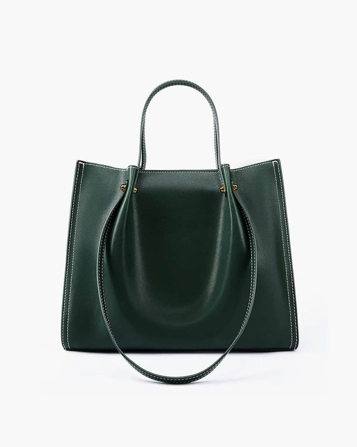 Women's Vegan Leather Contrast-Stitch Spacious Tote Bag - Green
