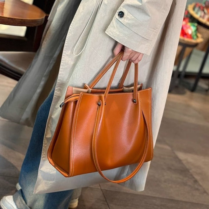 Women's Vegan Leather Contrast-Stitch Spacious Tote Bag - Sunset Yellow