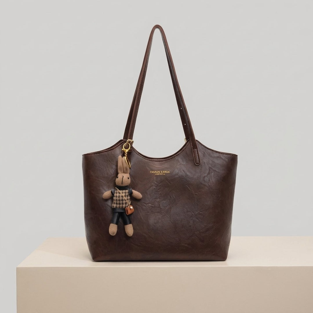 Women's Vegan Leather Structured Shoulder Tote Bag Plush Bunny Charm