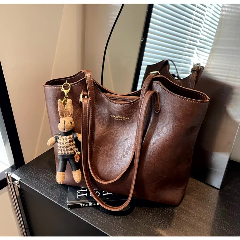 Women's Vegan Leather Structured Shoulder Tote Bag Plush Bunny Charm