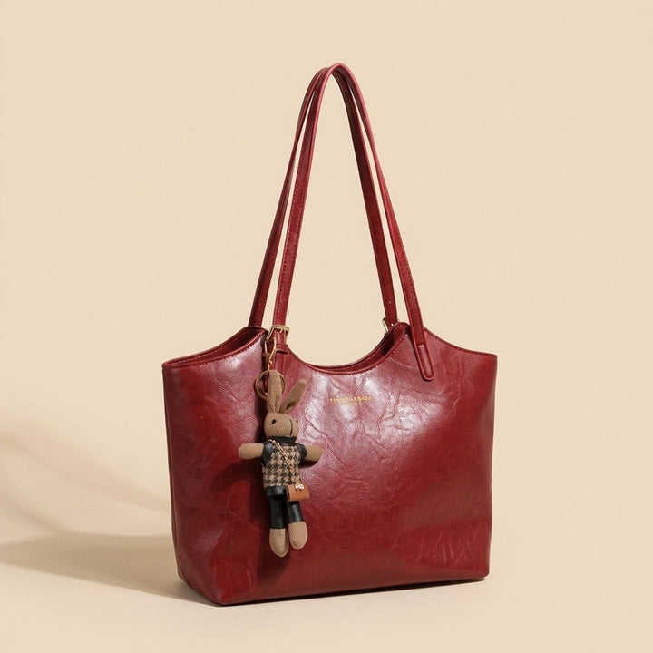 Women's Vegan Leather Structured Shoulder Tote Bag Plush Bunny Charm