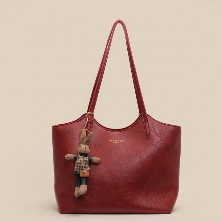 Women's Vegan Leather Structured Shoulder Tote Bag Plush Bunny Charm - Red
