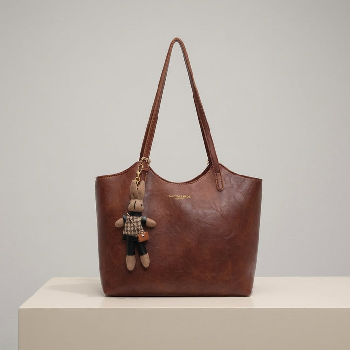 Women's Vegan Leather Structured Shoulder Tote Bag Plush Bunny Charm - Brown