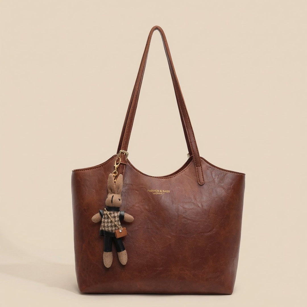 Women's Vegan Leather Structured Shoulder Tote Bag Plush Bunny Charm