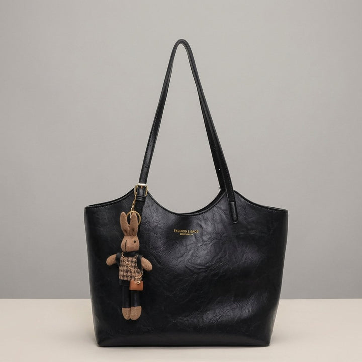 Women's Vegan Leather Structured Shoulder Tote Bag Plush Bunny Charm