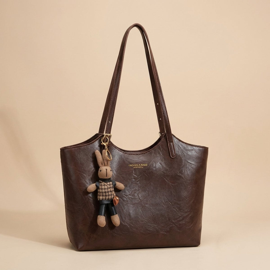 Women's Vegan Leather Structured Shoulder Tote Bag Plush Bunny Charm