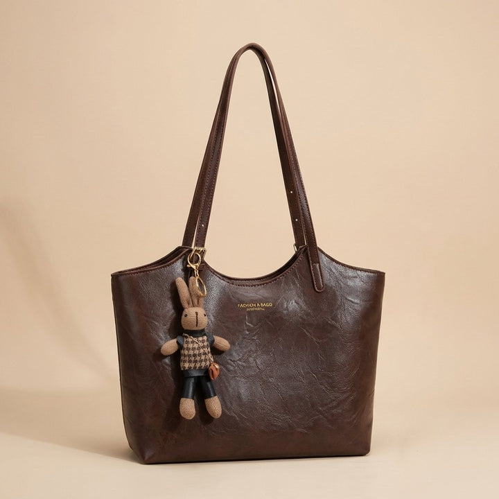 Women's Vegan Leather Structured Shoulder Tote Bag Plush Bunny Charm