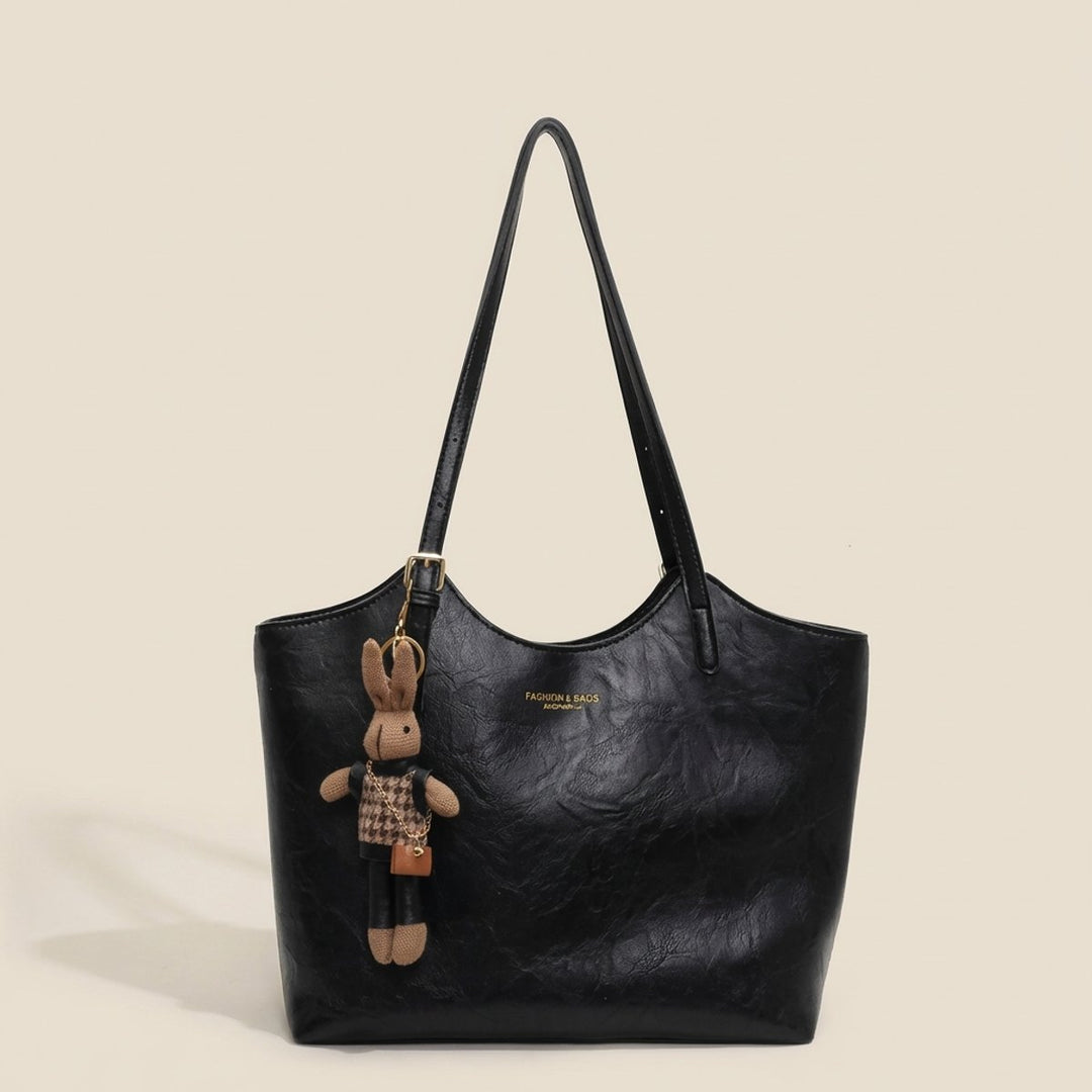 Women's Vegan Leather Structured Shoulder Tote Bag Plush Bunny Charm