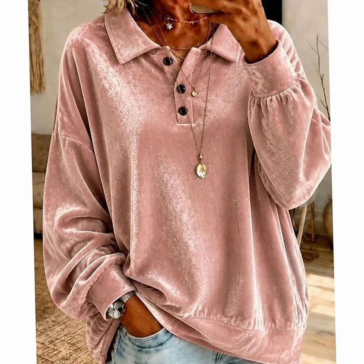 Women's Velvet Collared Button-Placket Relaxed Pullover Sweatshirt - Pink