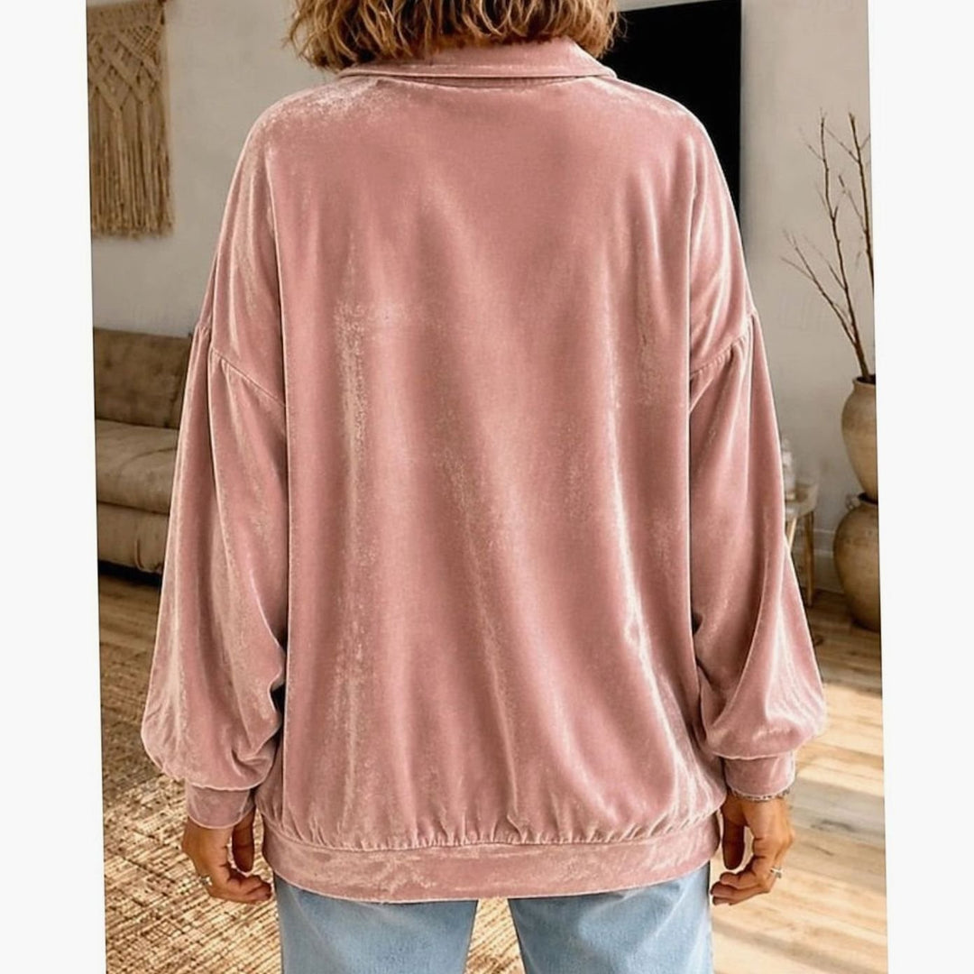 Women's Velvet Collared Button-Placket Relaxed Pullover Sweatshirt