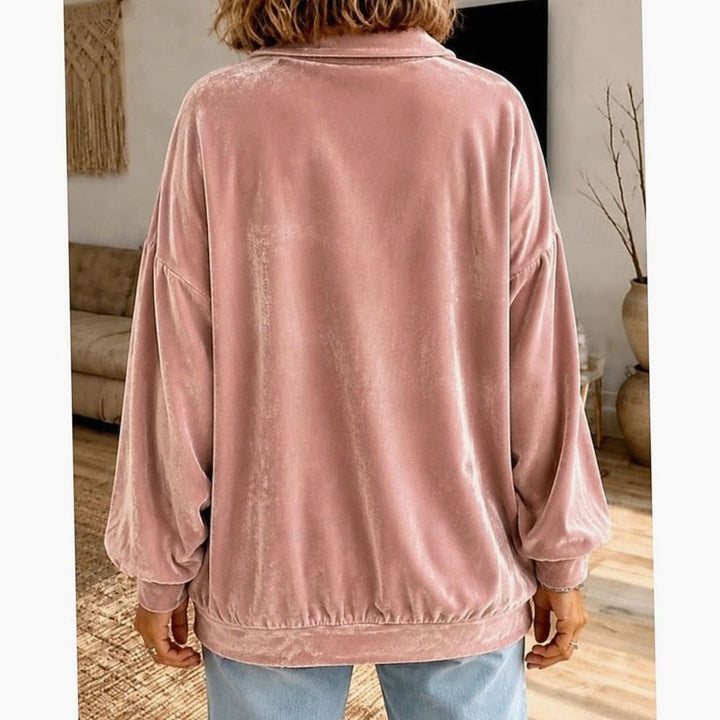 Women's Velvet Collared Button-Placket Relaxed Pullover Sweatshirt