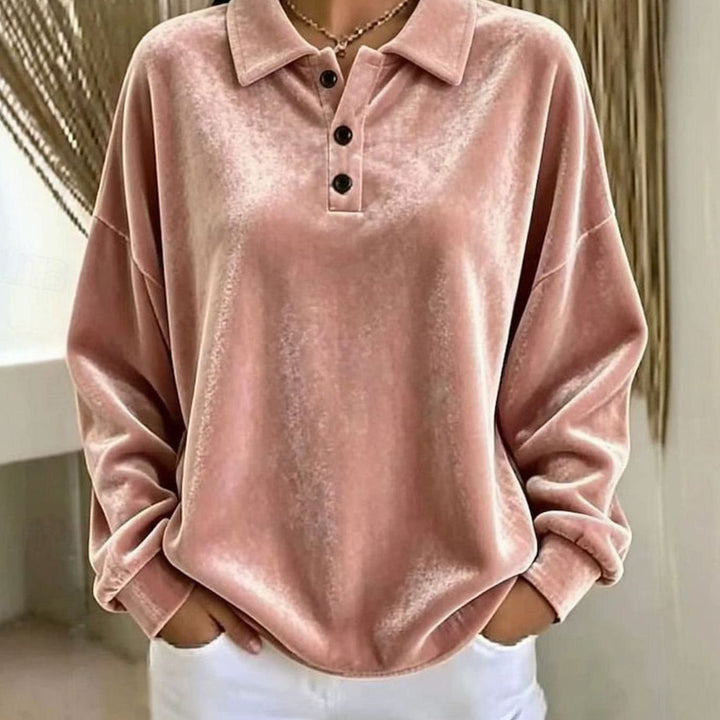 Women's Velvet Collared Button-Placket Relaxed Pullover Sweatshirt
